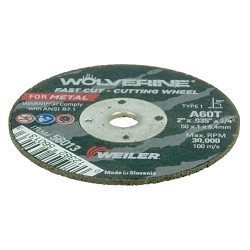 Weiler® Wolverine™ 56013 Cut-Off Wheel, 2 in Wheel Dia, 0.035 in Wheel Thickness, 1/4 in Center Hole, 060 Grit, Aluminum Oxide Abrasive