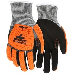 MCR Safety UltraTech® UT1952L Mechanics Gloves, Large, #9, Hi-Vis Orange/Black, 13-Gauge HyperMax® Shell, Black Sandy Nitrile Foam Coated Palm and Fingertips, TPR Back Protects Hands from Impact, ANSI Cut-Resistance Level: A4, ANSI Puncture-Resistance Level: 4