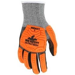 MCR Safety UltraTech® UT1952L Mechanics Gloves, Large, #9, Hi-Vis Orange/Black, 13-Gauge HyperMax® Shell, Black Sandy Nitrile Foam Coated Palm and Fingertips, TPR Back Protects Hands from Impact, ANSI Cut-Resistance Level: A4, ANSI Puncture-Resistance Level: 4
