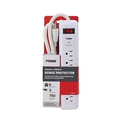 PRIME® PB802124 6-Outlet Surge Protector With SJT Cord and Plug, 125 V, 15 A, 6 Outlets, 3 ft L Cord