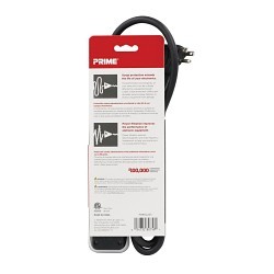 PRIME® PB802225 6-Outlet Surge Protector With SJT Cord and Plug, 125 V, 15 A, 6 Outlets, 4 ft L Cord
