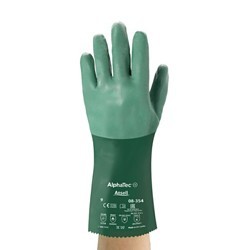 Ansell Scorpio® 012-8-352-10 Chemical Resistant Gloves, X-Large, #10, Green, Interlock Knit, 12 in Length, Gauntlet Cuff, Rough