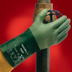 Ansell Scorpio® 012-8-352-10 Chemical Resistant Gloves, X-Large, #10, Green, Interlock Knit, 12 in Length, Gauntlet Cuff, Rough