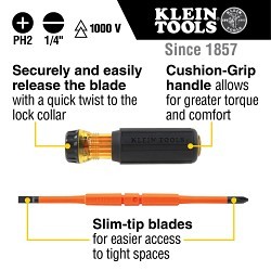 Klein® 32293 Bit Screwdriver, insulated Flip Blade, Imperial, 2 Piece, #2 Screwdriver Size Range, Cushion Grip, Induction Hardened Steel, No Magnetized Tip