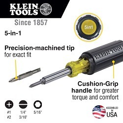 Klein® 32476 Multi-Bit Screwdriver/Nutdriver, Metric, 5/16 in, Cushion Grip, Black/Yellow, No Magnetized Tip