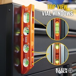 Klein® 935RB Torpedo Billet Level, 8 in Length, 4 Vials, Aluminum, +/-0.029 deg Accuracy