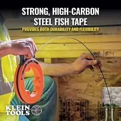 Klein® 56331 Fish Tape, 0.125 in W x 0.045 in THK Tape, 50 ft L Tape, Double Loop Profile, Steel Tape, Black/Orange