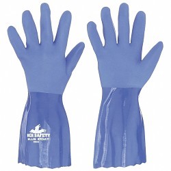 MCR Safety 6632L Chemical Resistant Gloves, Large, #9, PVC, Blue, Knit, 12 in Length, Gauntlet Cuff, Sandy