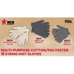 MCR Safety Cut Pro® 9507M Cut-Resistant Gloves, Medium, #8, 7 ga Cotton/Polyester, String Knit Wrist Cuff, Resists: Abrasion, Gray
