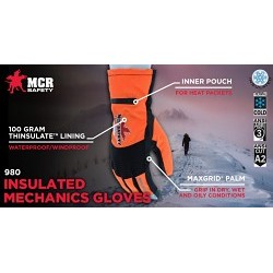 MCR Safety 980M Insulated Mechanics Gloves, Medium, #8, 100 gram Thinsulate™ lining and a waterproof / windproof barrier, Hi-Vis Orange/Black, Fabric Back Style