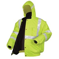 MCR Safety BPCL3LL Bomber Jacket, 4-in-1 Insulated, Large, Fluorescent Lime, Polyester,  High-Visibility, Attached Hood Style, 52 in Chest Size