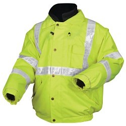 MCR Safety BPCL3LX3 Bomber Jacket, 4-in-1 Insulated, 3X-Large, Fluorescent Lime, Polyester, High-Visibility, Attached Hood Style, 58 in Chest Size