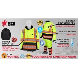 MCR Safety VT38JHX2 Rain Gear Winter Jacket, Insulated, 2X-Large, Fluorescent Lime/Orange/Black, Polyester, High-Visibility, Detachable Hood Style, 32 in Chest Size