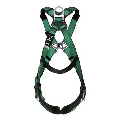 MSA Safety 10196702 Harness, V-Form, X-Small, 400 lb, Polyester Strap, Tongue Buckle Leg Strap Buckle, Quick Connect Chest Strap Buckle, Zinc Plated Hardware, Green