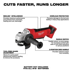 Milwaukee® 2680-20 Angle Grinder, Bare Tool/Kit: Bare Tool, 4-1/2 in Wheel Diameter, 7/8 in Arbor/Shank, 18 VDC, Lithium-Ion Battery, No, Batteries Included: 0, Paddle Switch