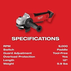 Milwaukee® 2680-20 Angle Grinder, Bare Tool/Kit: Bare Tool, 4-1/2 in Wheel Diameter, 7/8 in Arbor/Shank, 18 VDC, Lithium-Ion Battery, No, Batteries Included: 0, Paddle Switch