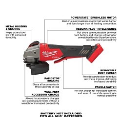 Milwaukee® 2888-20 Angle Grinder, Bare Tool, 4-1/2 or 5 in Wheel Dia, 5/8-11 UNC, 18 V, Lithium-Ion Battery, Paddle Switch