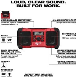 Milwaukee® Radio, Cordless, 18 V, Series: M18, 15.80 in W x 7.70 in L Dimensions, USB Charger ,Weather sealed compartment