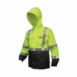 MCR Safety 598SJHX4 Luminator™ 598SJH 1-Piece Rainwear Jacket With Attached Drawstring Hood, 4X-Large, Fluorescent Lime/White Reflective Stripe, Polyester/Polyurethane, Resists: Water, ANSI/ISEA 107-2015 Type R Class 3