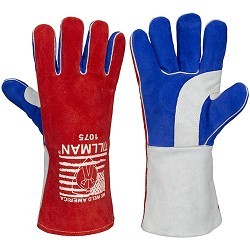 TILLMAN® TIL1075 Welding Gloves, Large, #9, Cowhide, Kidskin Leather, Red/White/Blue, Cotton, Foam, Straight Cuff, 16 in Length, Left and Right