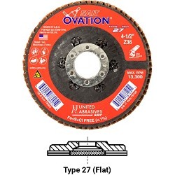 UA® SAIT® 78008 Coated Abrasive Flap Disc, 4-1/2 in Disc Dia, 7/8 in Center Hole, 60 Grit, Coarse Grade, Zirconium Abrasive, Type 27 Flat Disc