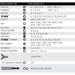 VEGA VHS100A Screwdriver Bit Set, Master, 1/4 in Hex, 100 Piece