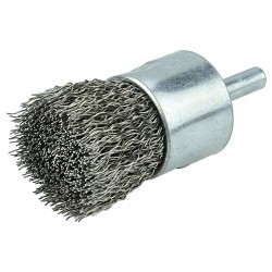 Weiler® 10024 End Brush, 1 in Brush Dia, Crimped Wire, 0.02 in Filament/Wire Diameter, Stainless Steel Fill, 1-1/8 in Trim Length