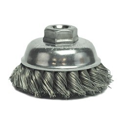 Weiler® 13156 Cup Brush, 3-1/2 in Brush Dia, 5/8-11 UNC in Arbor Hole, 0.023 in Filament/Wire Diameter, Knot Wire, Steel Fill