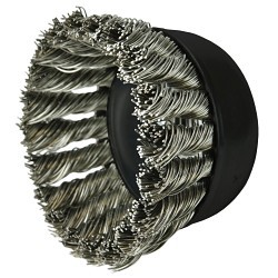 Weiler® 13258 Cup Brush, 2-3/4 in Brush Dia, 5/8-11 UNC in Arbor Hole, 0.02 in Filament/Wire Diameter, Knot Wire, Stainless Steel Fill