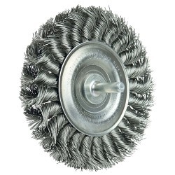 Weiler® 17691 Stem-Mounted Wheel, 4 in Brush Dia, 1/2 in Face Width, 0.014 in Filament/Wire Diameter, Knot Wire