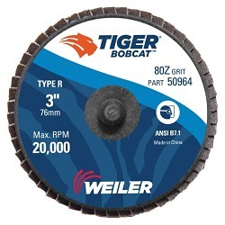 Weiler® BobCat™ 50964 Coated Abrasive Flap Disc, 3 in Disc Dia, 80 Grit, Medium Grade, Zirconia Alumina Abrasive, Type 27 Flat Disc