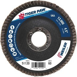 Weiler® Tiger Paw™ 51120 Coated Abrasive Flap Disc, 4-1/2 in Disc Dia, 7/8 in Center Hole, 60 Grit, Coarse Grade, Zirconia Alumina Abrasive, Type 29 Angled Disc