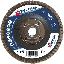 Weiler® Tiger Paw™ 51124 Coated Abrasive Flap Disc, 4-1/2 in Disc Dia, 5/8-11 in Center Hole, 40 Grit, Coarse Grade, Zirconia Alumina Abrasive, Type 29 Conical Disc
