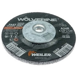 Weiler® Wolverine™ 56454 Grinding Wheel, 4-1/2 in Wheel Dia, 1/4 in Wheel Thickness, 5/8-11 UNC Center Hole, 24 Grit, Steel Abrasive
